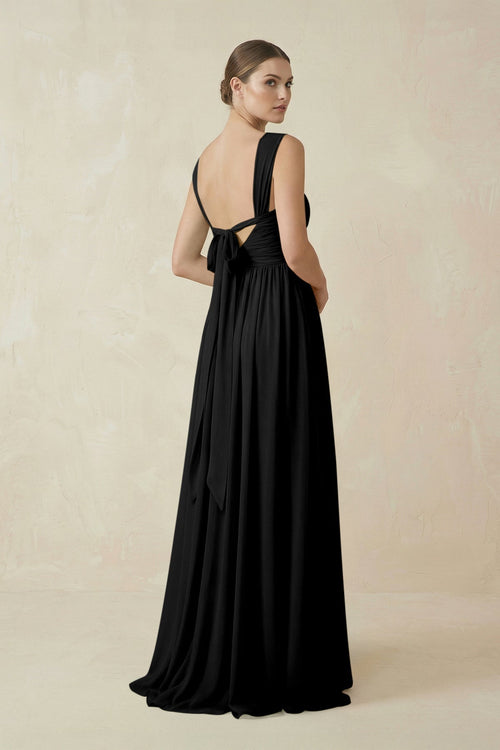 A - Line Pleated Chiffon Long Bridesmaid Dress in Black - SHE IS ME Bridesmaid Dresses