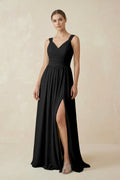 A - Line Pleated Chiffon Long Bridesmaid Dress in Black - SHE IS ME Bridesmaid Dresses