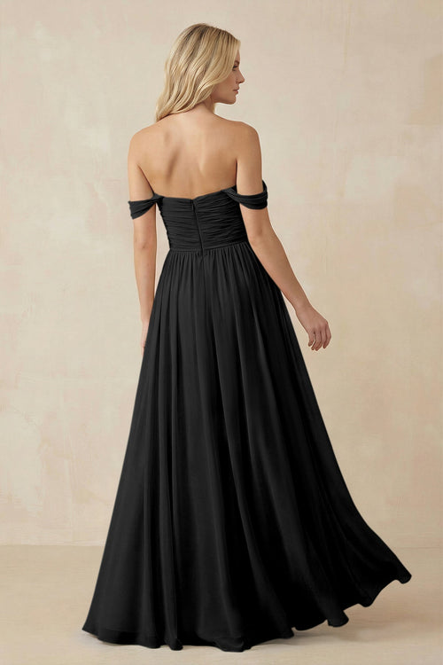 A - Line Pleated Chiffon Long Bridesmaid Dress in Black - SHE IS ME Bridesmaid Dresses