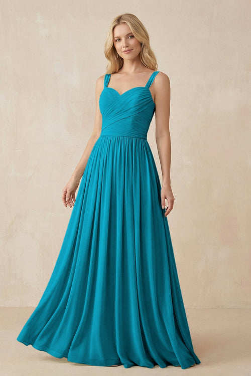 A - Line Pleated Chiffon Long Bridesmaid Dress in Blue Jay - SHE IS ME Bridesmaid Dresses
