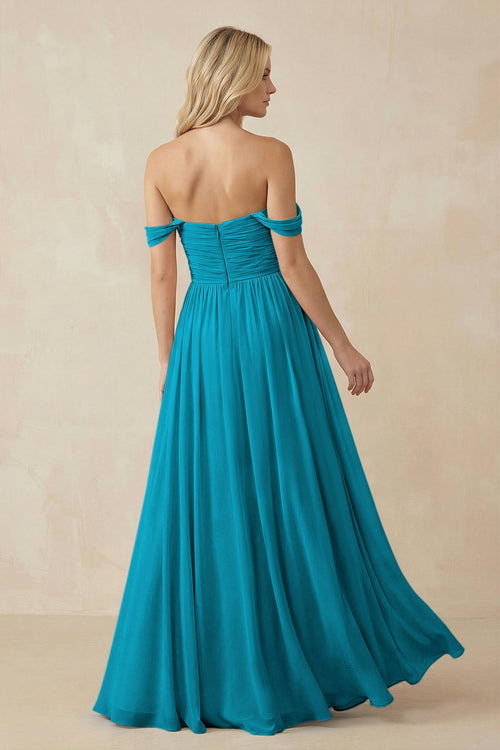 A - Line Pleated Chiffon Long Bridesmaid Dress in Blue Jay - SHE IS ME Bridesmaid Dresses