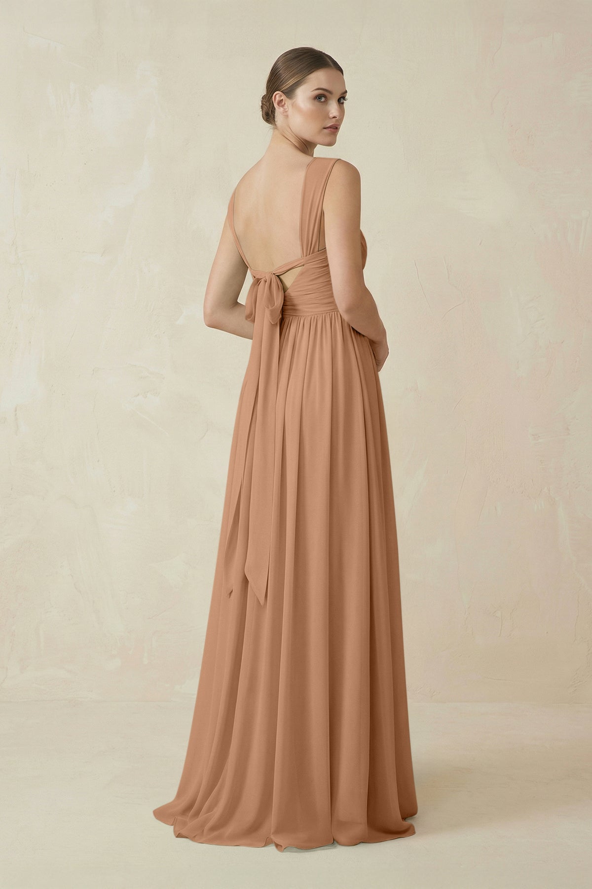 A - Line Pleated Chiffon Long Bridesmaid Dress in Bronzer - SHE IS ME Bridesmaid Dresses