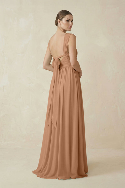 A - Line Pleated Chiffon Long Bridesmaid Dress in Bronzer - SHE IS ME Bridesmaid Dresses