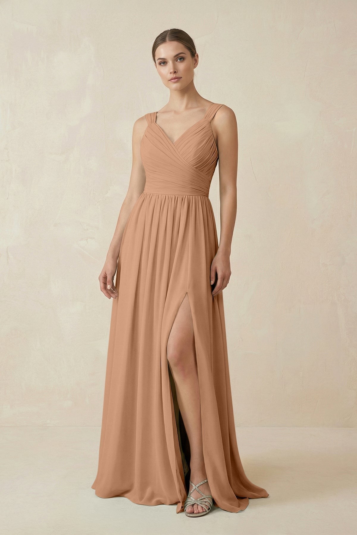A - Line Pleated Chiffon Long Bridesmaid Dress in Bronzer - SHE IS ME Bridesmaid Dresses