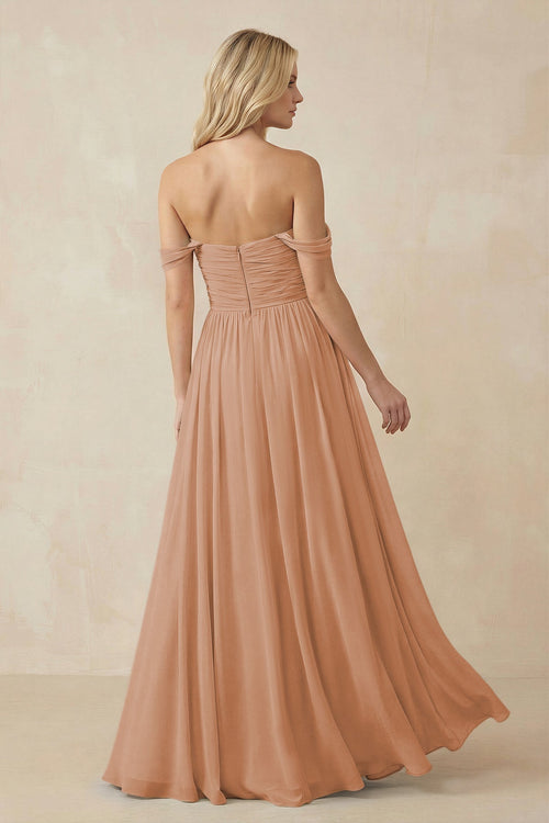 A - Line Pleated Chiffon Long Bridesmaid Dress in Bronzer - SHE IS ME Bridesmaid Dresses