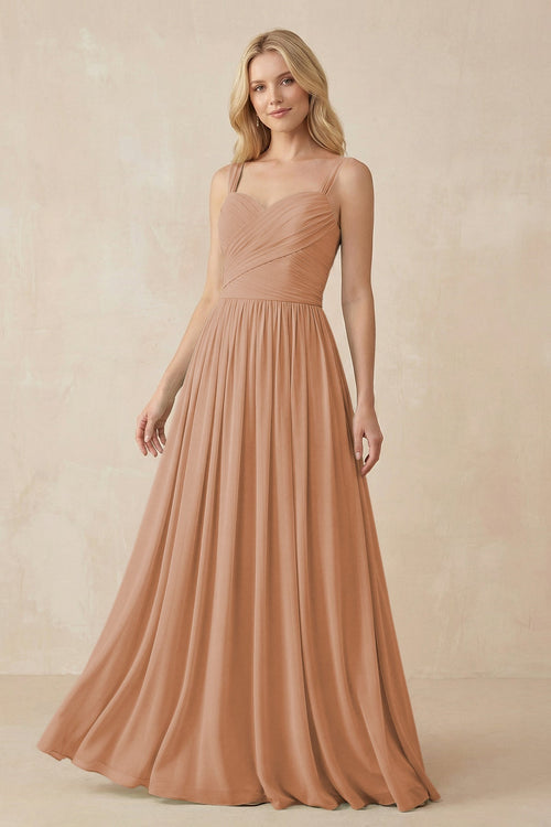 A - Line Pleated Chiffon Long Bridesmaid Dress in Bronzer - SHE IS ME Bridesmaid Dresses