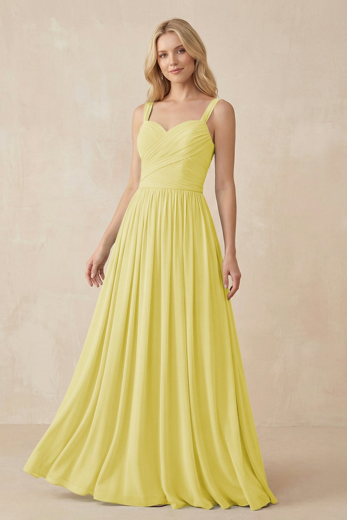 A - Line Pleated Chiffon Long Bridesmaid Dress in Buttercup - SHE IS ME Bridesmaid Dresses