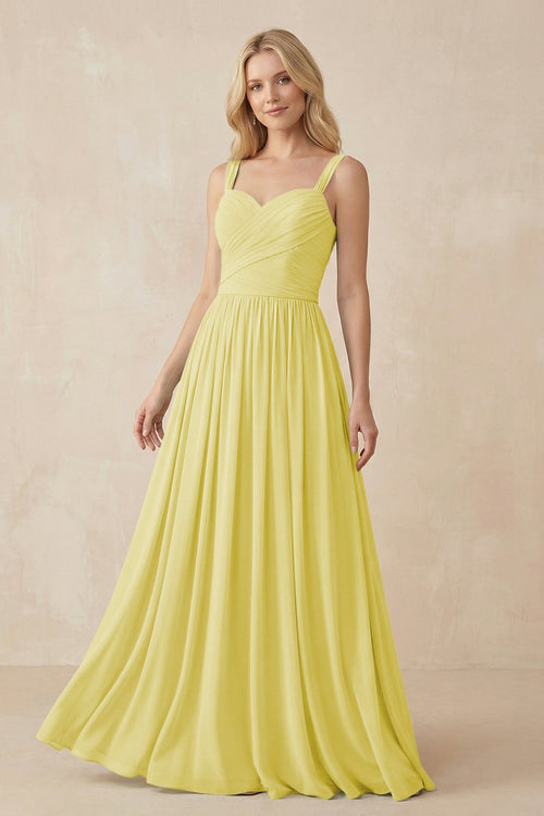 A - Line Pleated Chiffon Long Bridesmaid Dress in Buttercup - SHE IS ME Bridesmaid Dresses