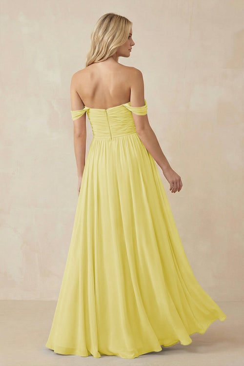 A - Line Pleated Chiffon Long Bridesmaid Dress in Buttercup - SHE IS ME Bridesmaid Dresses