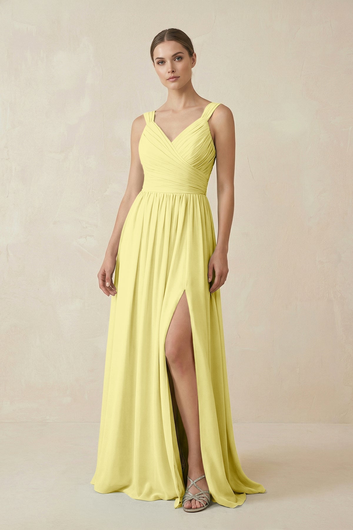 A - Line Pleated Chiffon Long Bridesmaid Dress in Buttercup - SHE IS ME Bridesmaid Dresses
