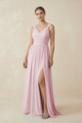 A - Line Pleated Chiffon Long Bridesmaid Dress in Candy Pink - SHE IS ME Bridesmaid Dresses