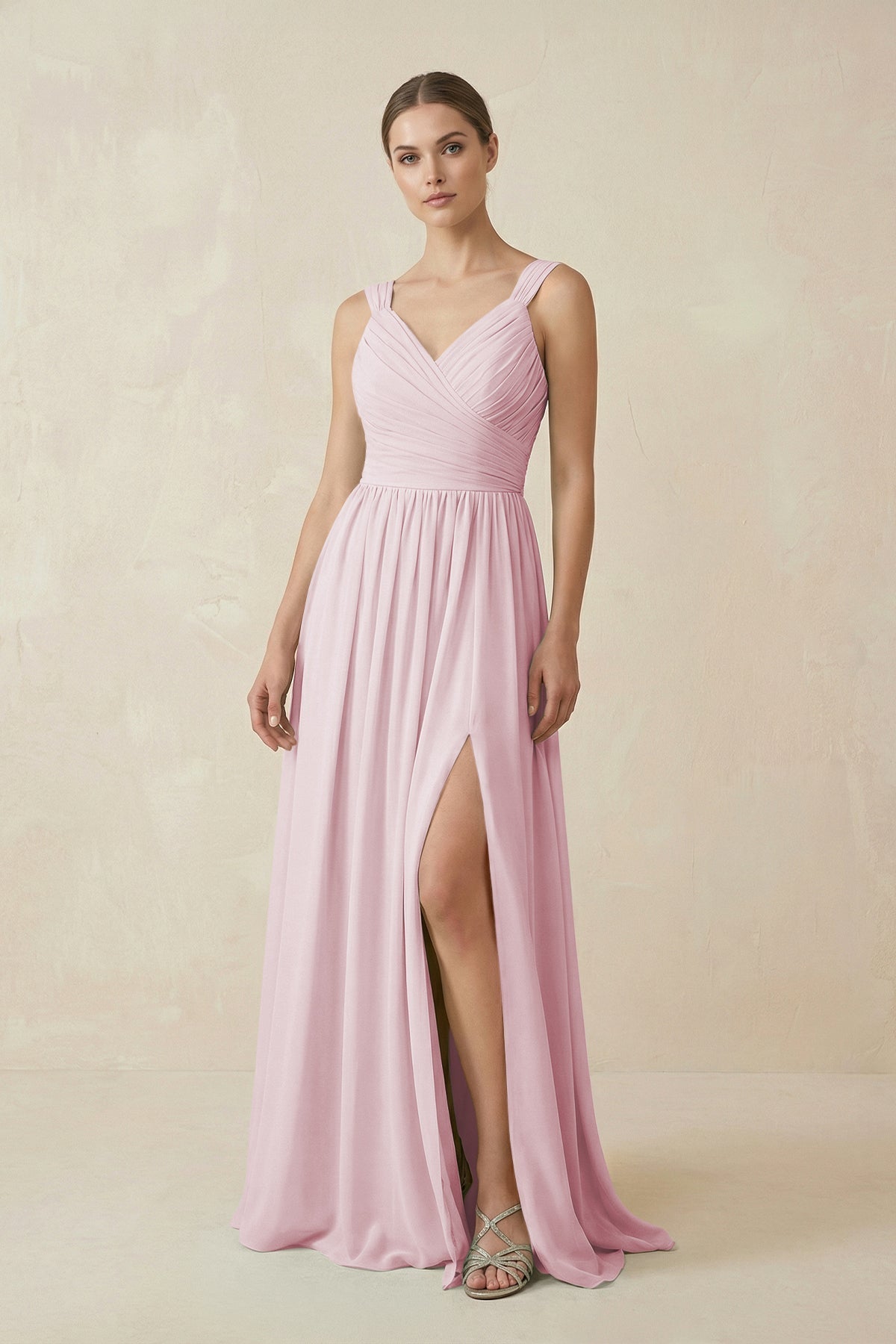 A - Line Pleated Chiffon Long Bridesmaid Dress in Candy Pink - SHE IS ME Bridesmaid Dresses