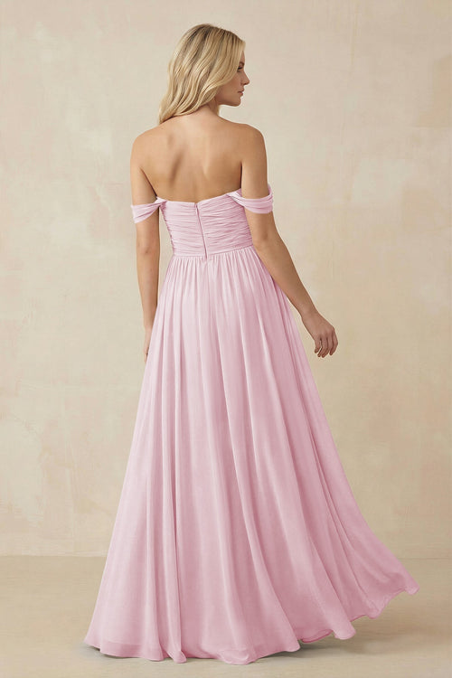 A - Line Pleated Chiffon Long Bridesmaid Dress in Candy Pink - SHE IS ME Bridesmaid Dresses