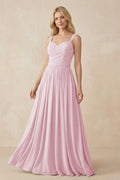 A - Line Pleated Chiffon Long Bridesmaid Dress in Candy Pink - SHE IS ME Bridesmaid Dresses