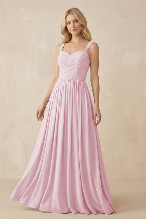 A - Line Pleated Chiffon Long Bridesmaid Dress in Candy Pink - SHE IS ME Bridesmaid Dresses