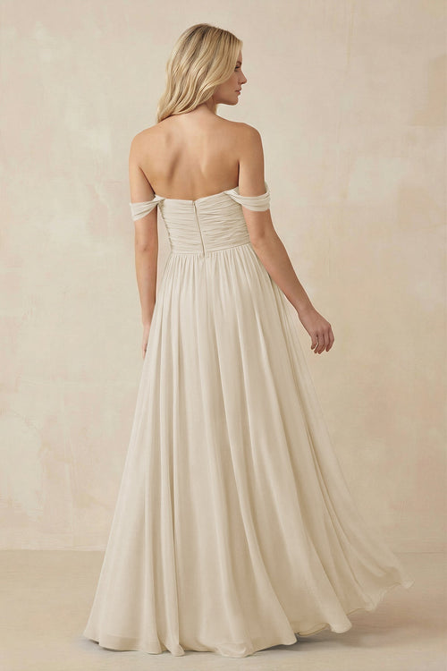 A - Line Pleated Chiffon Long Bridesmaid Dress in Champagne - SHE IS ME Bridesmaid Dresses