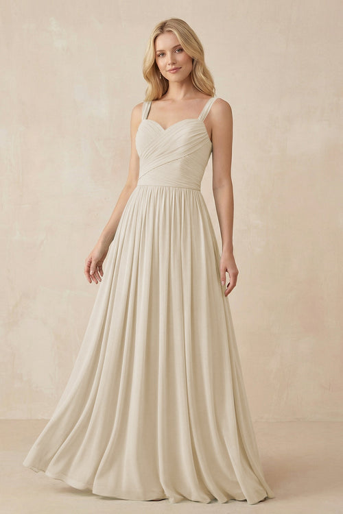 A - Line Pleated Chiffon Long Bridesmaid Dress in Champagne - SHE IS ME Bridesmaid Dresses