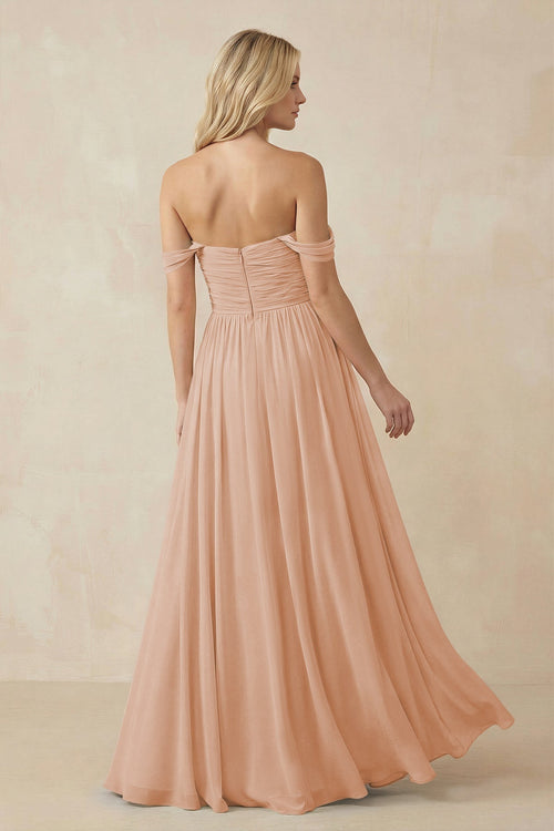A - Line Pleated Chiffon Long Bridesmaid Dress in Champagne Rose - SHE IS ME Bridesmaid Dresses