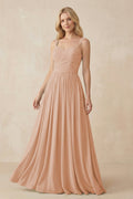 A - Line Pleated Chiffon Long Bridesmaid Dress in Champagne Rose - SHE IS ME Bridesmaid Dresses