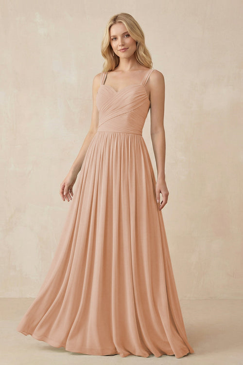 A - Line Pleated Chiffon Long Bridesmaid Dress in Champagne Rose - SHE IS ME Bridesmaid Dresses