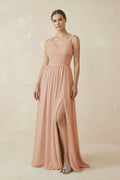 A - Line Pleated Chiffon Long Bridesmaid Dress in Champagne Rose - SHE IS ME Bridesmaid Dresses