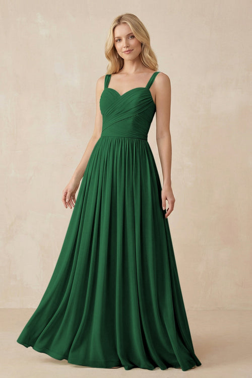 A - Line Pleated Chiffon Long Bridesmaid Dress in Dark Green - SHE IS ME Bridesmaid Dresses