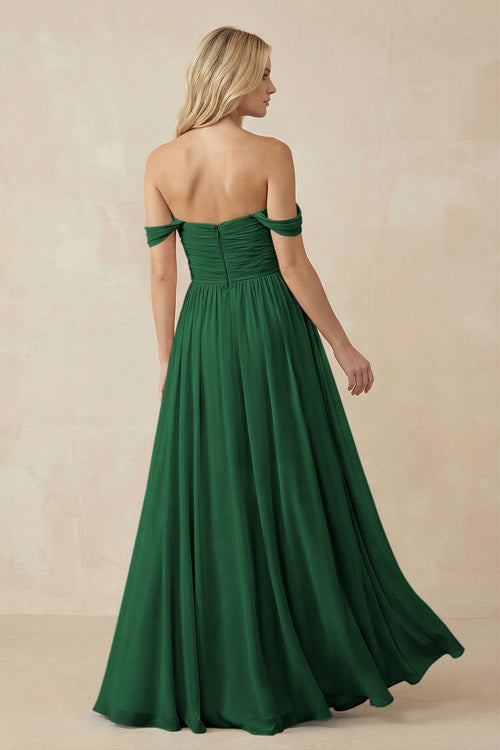 A - Line Pleated Chiffon Long Bridesmaid Dress in Dark Green - SHE IS ME Bridesmaid Dresses