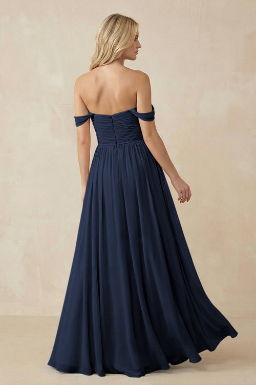 A - Line Pleated Chiffon Long Bridesmaid Dress in Dark Navy - SHE IS ME Bridesmaid Dresses