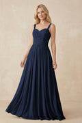A - Line Pleated Chiffon Long Bridesmaid Dress in Dark Navy - SHE IS ME Bridesmaid Dresses