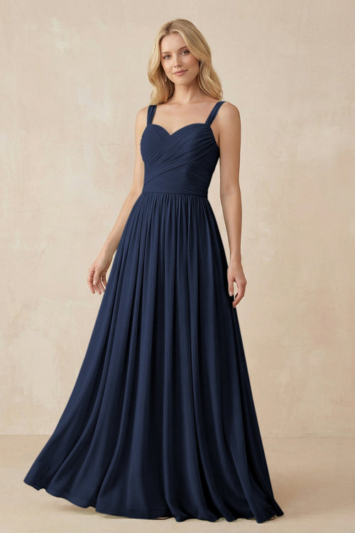 A - Line Pleated Chiffon Long Bridesmaid Dress in Dark Navy - SHE IS ME Bridesmaid Dresses