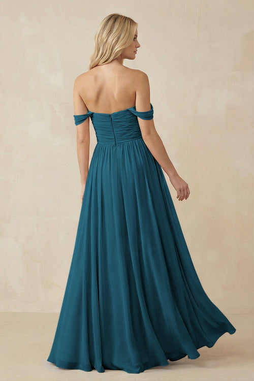 A - Line Pleated Chiffon Long Bridesmaid Dress in Dark Teal - SHE IS ME Bridesmaid Dresses
