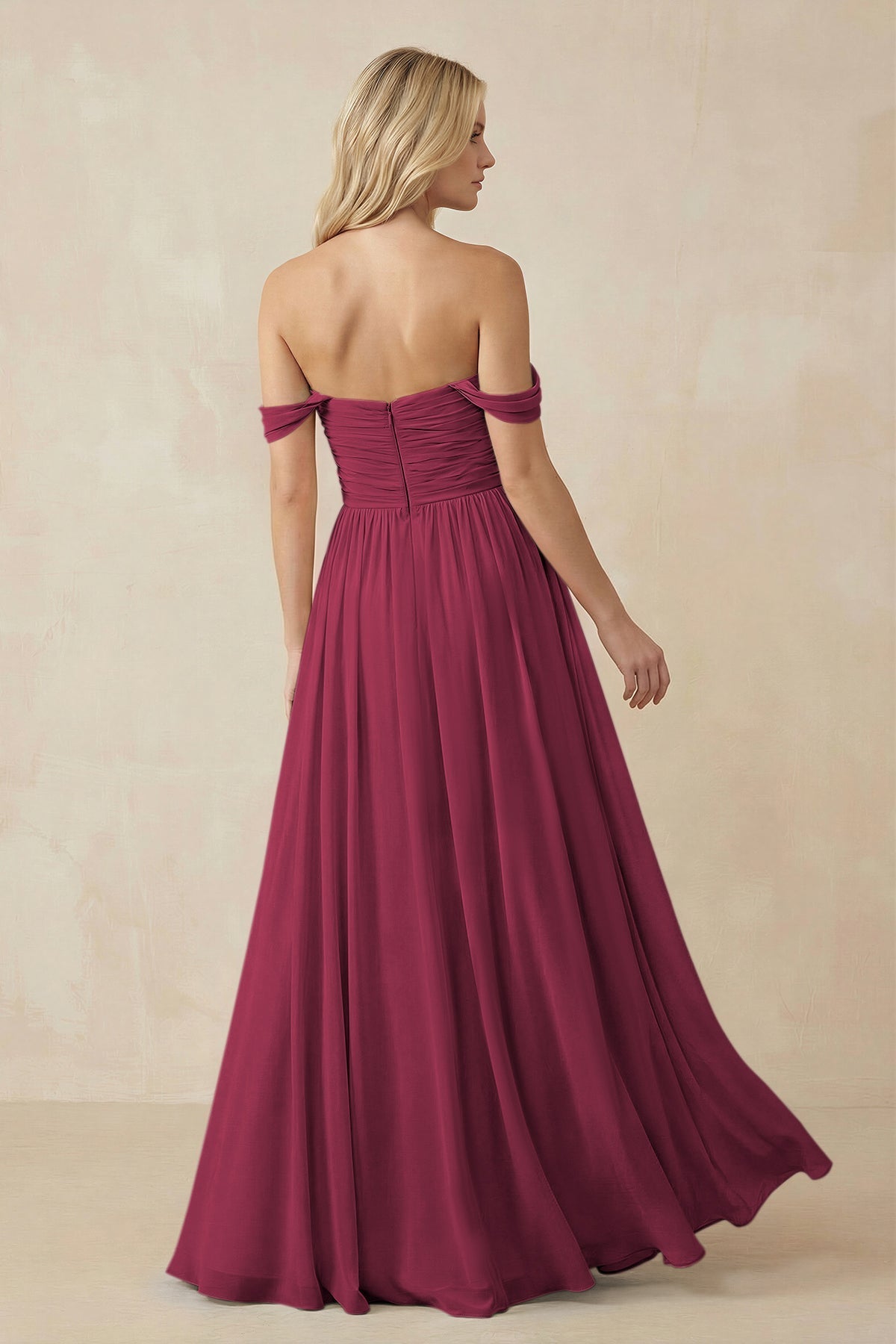 A - Line Pleated Chiffon Long Bridesmaid Dress in Desert Rose - SHE IS ME Bridesmaid Dresses