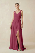 A - Line Pleated Chiffon Long Bridesmaid Dress in Desert Rose - SHE IS ME Bridesmaid Dresses