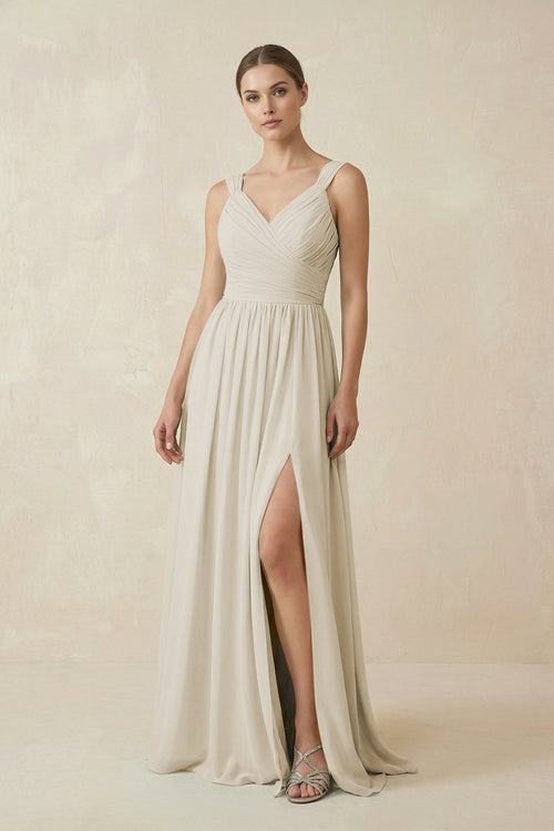 A - Line Pleated Chiffon Long Bridesmaid Dress in Dove Gray - SHE IS ME Bridesmaid Dresses