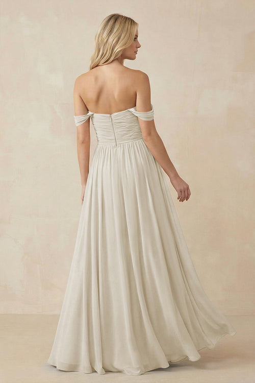 A - Line Pleated Chiffon Long Bridesmaid Dress in Dove Gray - SHE IS ME Bridesmaid Dresses