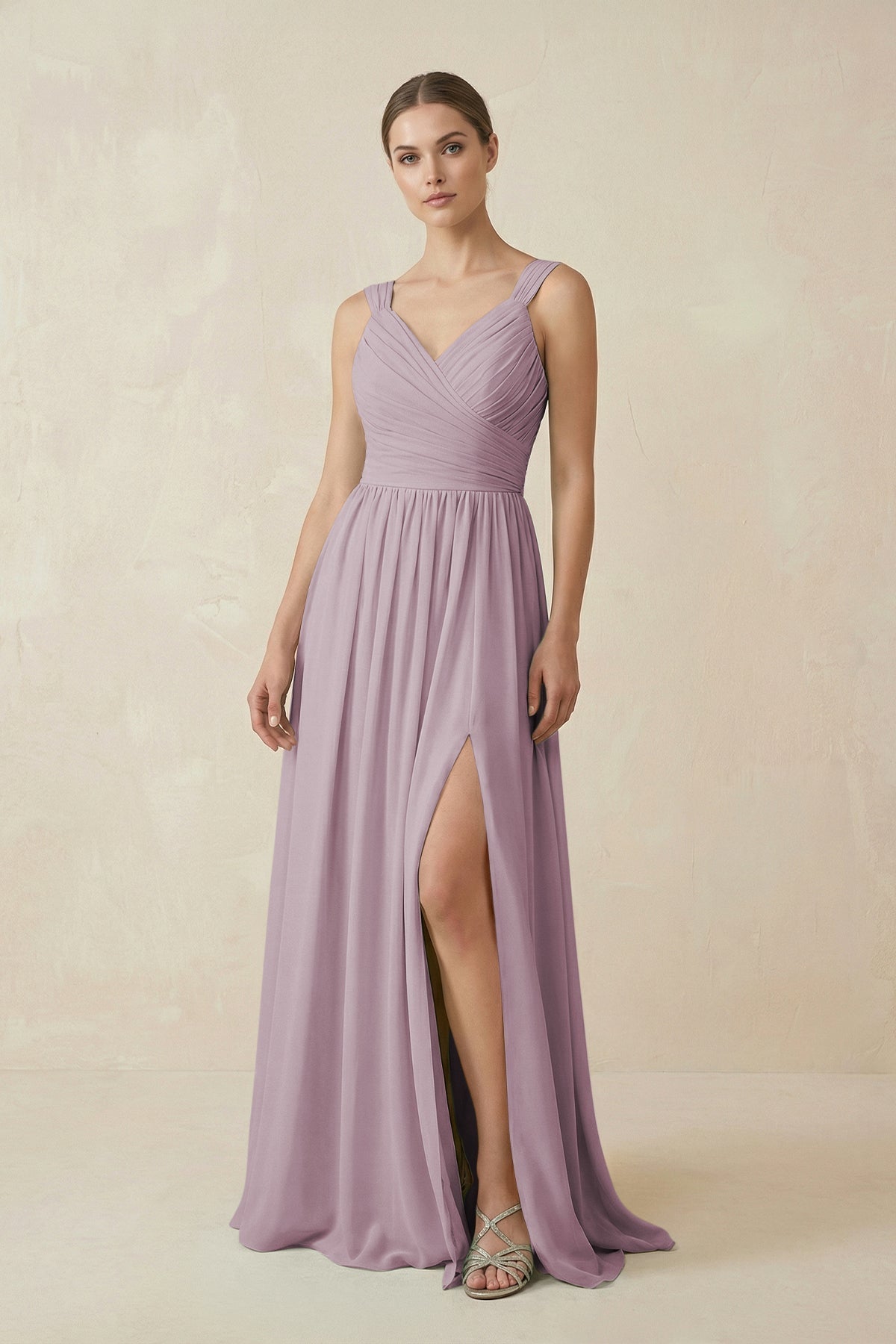 A - Line Pleated Chiffon Long Bridesmaid Dress in Dusk - SHE IS ME Bridesmaid Dresses