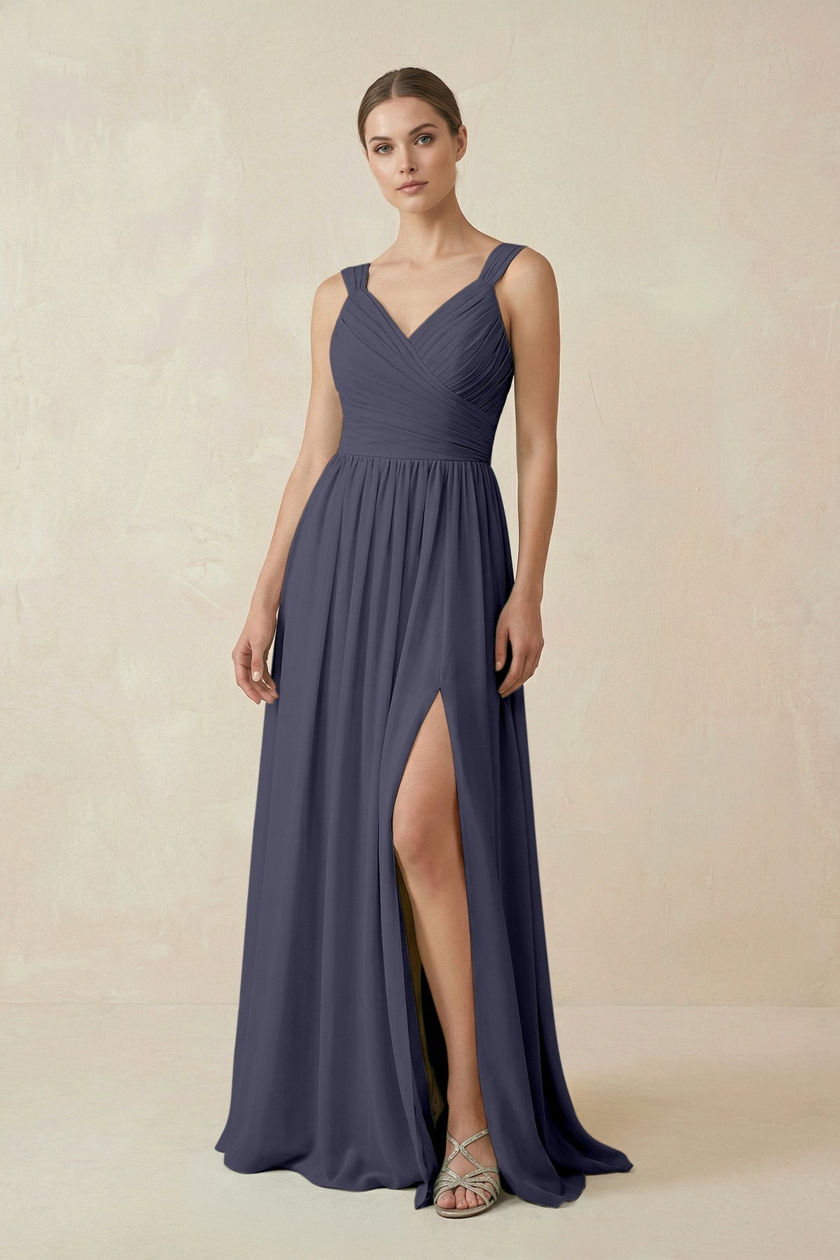 A - Line Pleated Chiffon Long Bridesmaid Dress in Dusk Blue - SHE IS ME Bridesmaid Dresses
