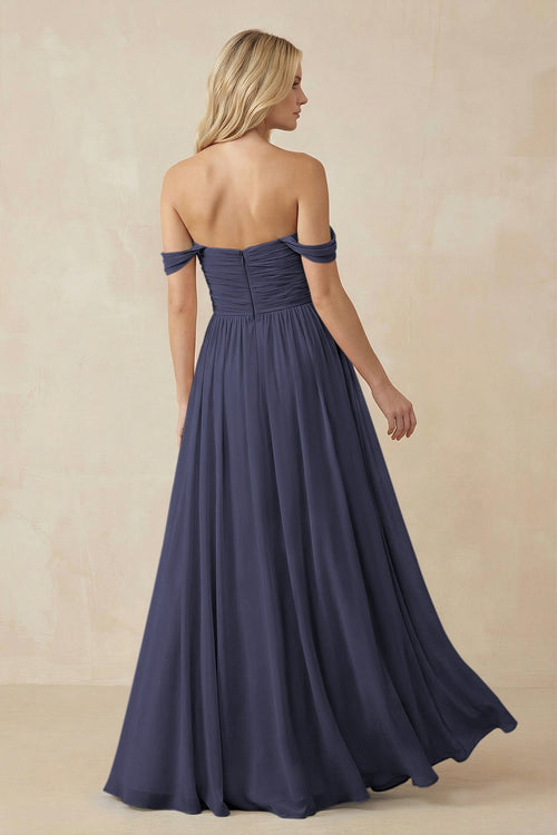 A - Line Pleated Chiffon Long Bridesmaid Dress in Dusk Blue - SHE IS ME Bridesmaid Dresses