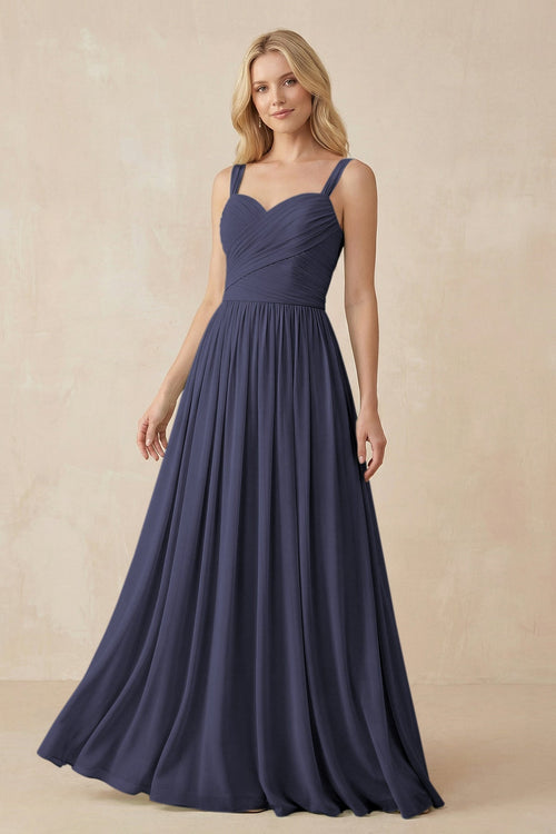 A - Line Pleated Chiffon Long Bridesmaid Dress in Dusk Blue - SHE IS ME Bridesmaid Dresses
