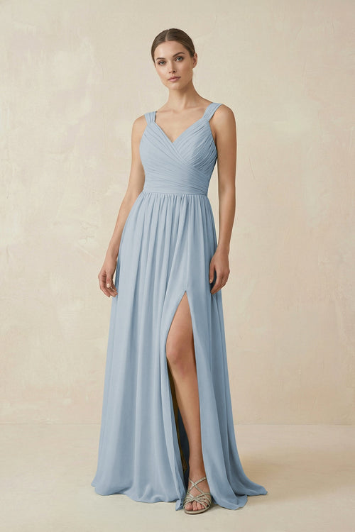 A - Line Pleated Chiffon Long Bridesmaid Dress in Dusty Blue - SHE IS ME Bridesmaid Dresses