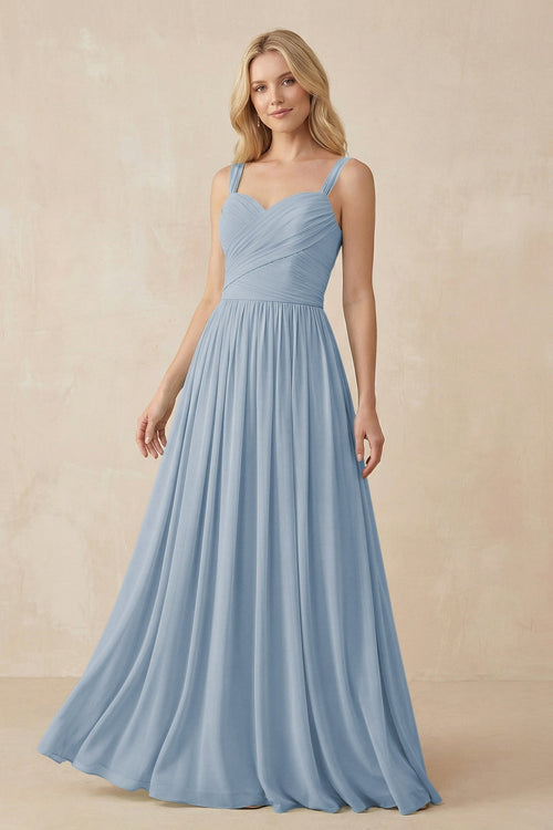 A - Line Pleated Chiffon Long Bridesmaid Dress in Dusty Blue - SHE IS ME Bridesmaid Dresses