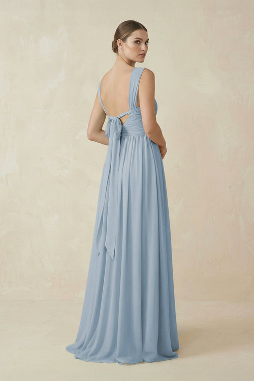 A - Line Pleated Chiffon Long Bridesmaid Dress in Dusty Blue - SHE IS ME Bridesmaid Dresses