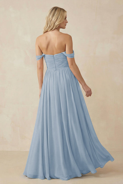 A - Line Pleated Chiffon Long Bridesmaid Dress in Dusty Blue - SHE IS ME Bridesmaid Dresses