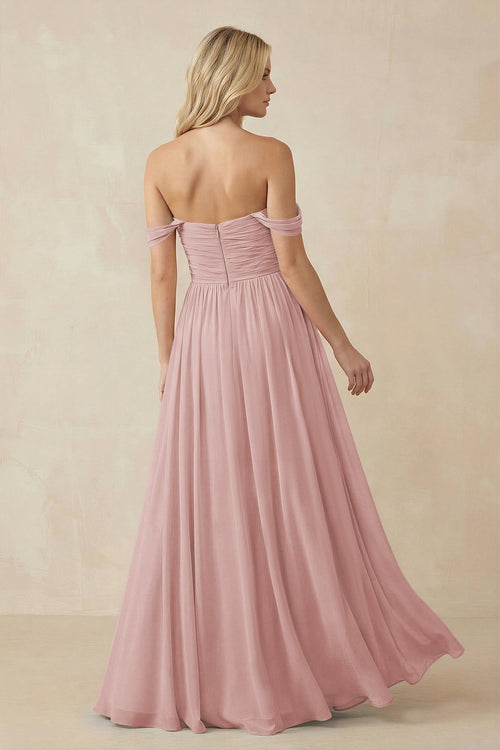 A - Line Pleated Chiffon Long Bridesmaid Dress in Dusty Rose - SHE IS ME Bridesmaid Dresses