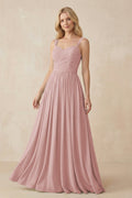 A - Line Pleated Chiffon Long Bridesmaid Dress in Dusty Rose - SHE IS ME Bridesmaid Dresses