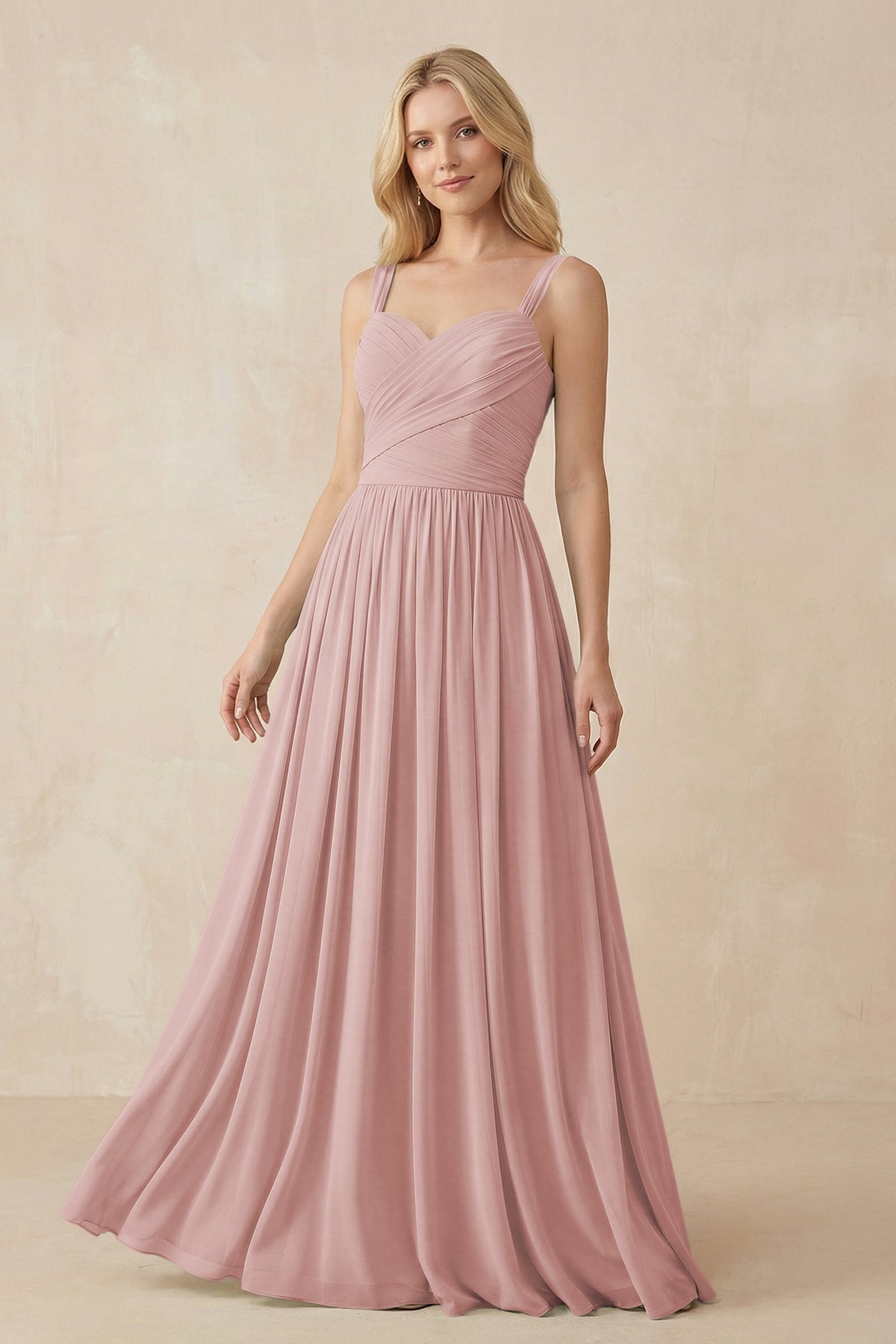 A - Line Pleated Chiffon Long Bridesmaid Dress in Dusty Rose - SHE IS ME Bridesmaid Dresses