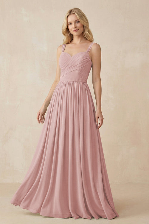 A - Line Pleated Chiffon Long Bridesmaid Dress in Dusty Rose - SHE IS ME Bridesmaid Dresses