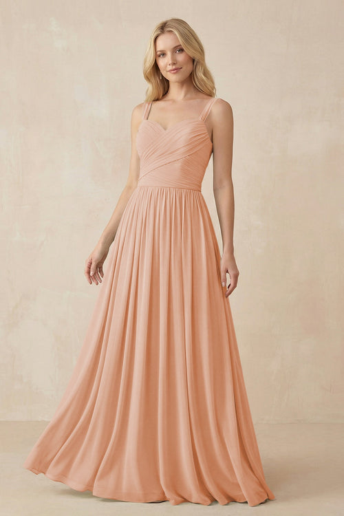 A - Line Pleated Chiffon Long Bridesmaid Dress in English Rose - SHE IS ME Bridesmaid Dresses