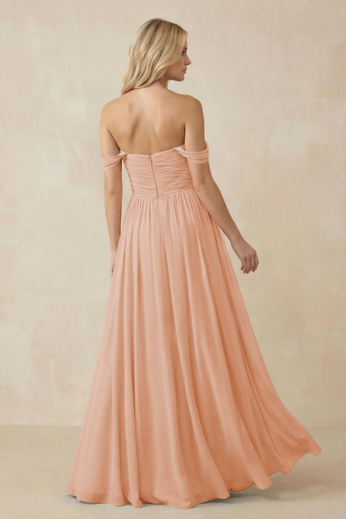 A - Line Pleated Chiffon Long Bridesmaid Dress in English Rose - SHE IS ME Bridesmaid Dresses