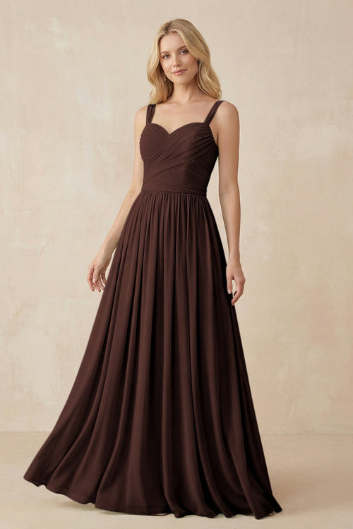 A - Line Pleated Chiffon Long Bridesmaid Dress in Espresso - SHE IS ME Bridesmaid Dresses